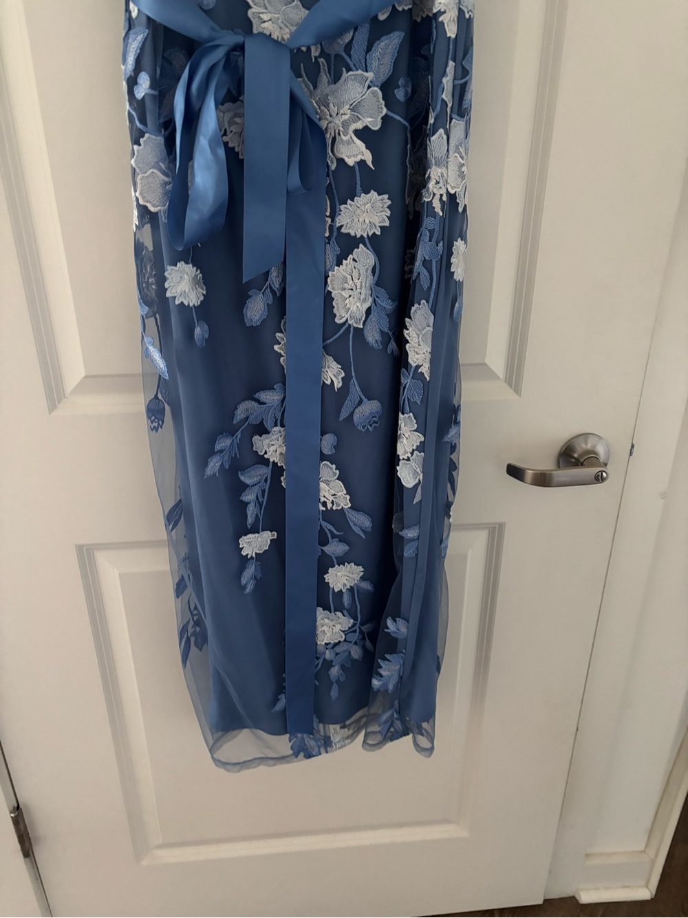 Adrianna Papell Floral Cascading Column Gown French Blue Multi 12 - Picture 11 of 12
